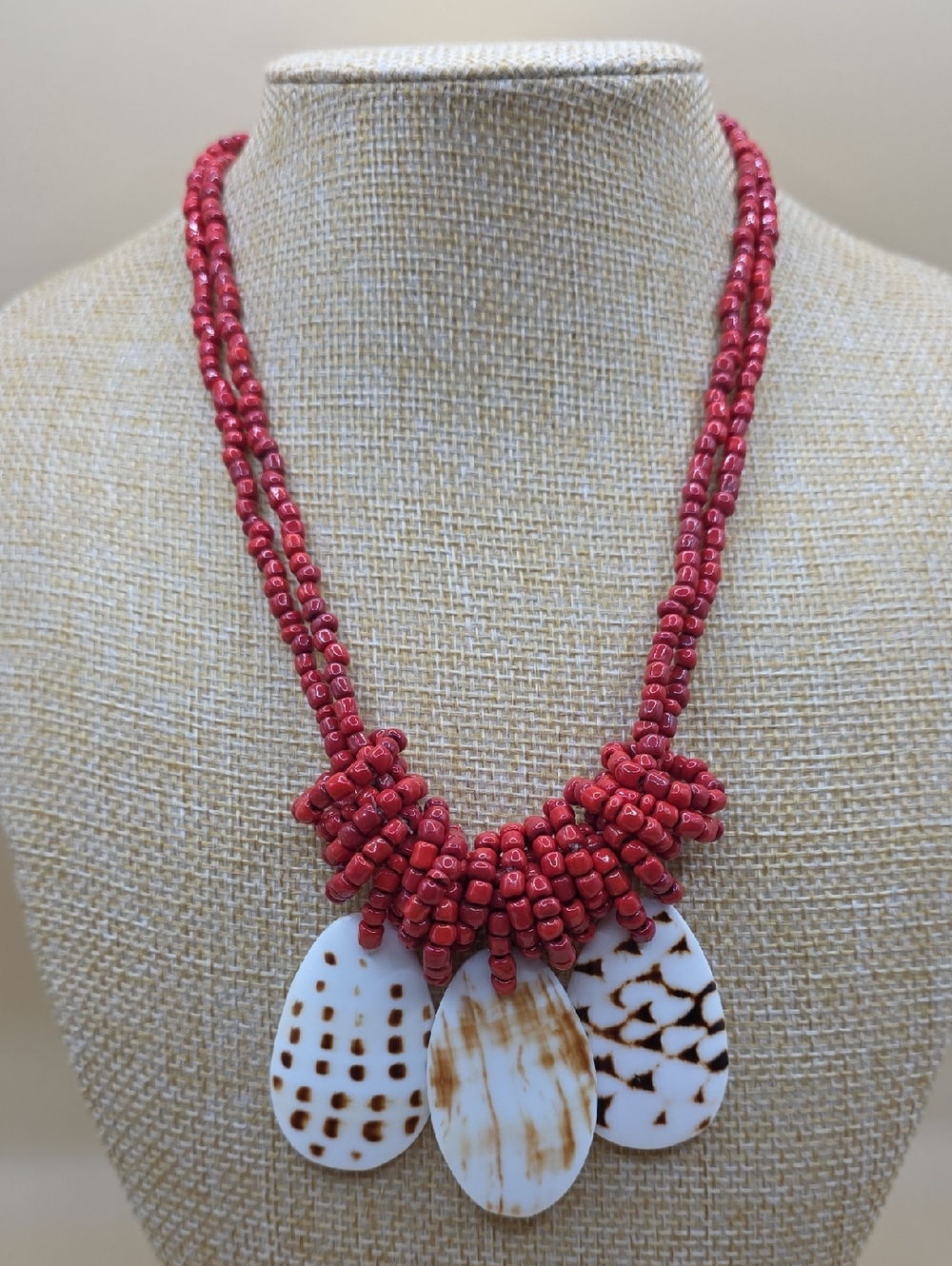 Vintage Red Beaded Porcelain Shell Necklace